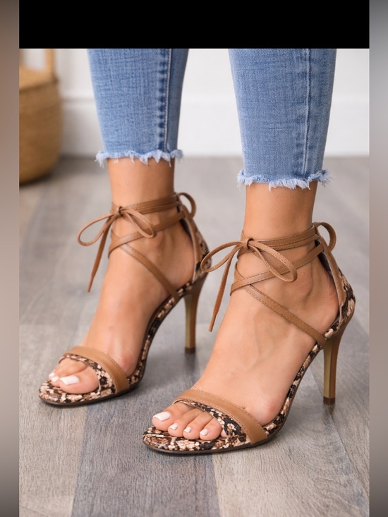 None Shoes - Tan Reptile Print Ankle Tie Heels-Size 40 (Approx US 9–9.5)  Like New!